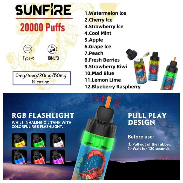 Toptan Orijinal Özelleştirilmiş MTL/DTL Vapes Tek Kullanımlık Sunfire 20000 Puflar vs Shisha DTL 20K Petrol Çekirdek Ayırma Vape Kalem Pod Kiti Şarj Edilebilir 600mAh Pil