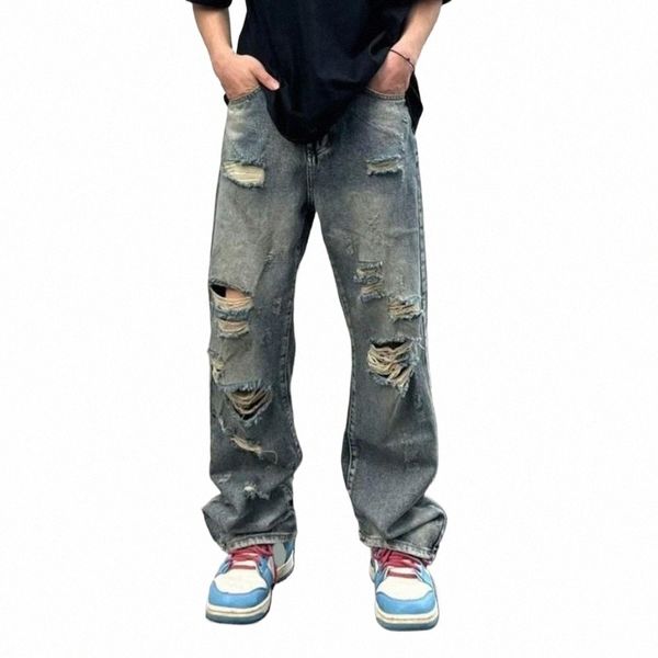 Urban Streetwear Denim-Hosen Streetwear Herren-Jeans mit weitem Bein, zerrissenen Löchern und mehreren Taschen, Distred-Details für lässige Hüfte r6IY #