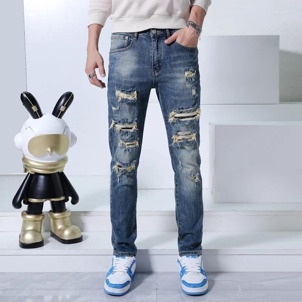 Jeans da uomo Street Fashion Moto strappati Skinny Trendy Casual Stretch Slim Fit Pantaloni piccoli piedi blu belli