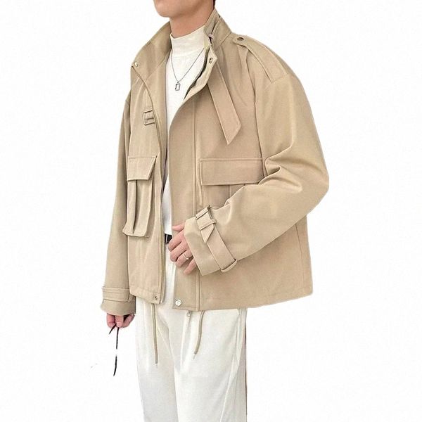 Frühling Herbst Neue Kurze Windschutz Jacke Männer Fi Khaki Tasche Casual Männlichen Mantel Streetwear Koreanische Lose Bomber Jacke Herren Q5xG #