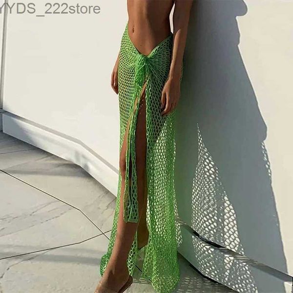 Röcke Skorts 2024 Croche Beach Cover Up Sexy Durchsichtiges Kleid Strick Langes Mesh Hollow Out Wrap Weißer Midirock Party Outfits yq240328