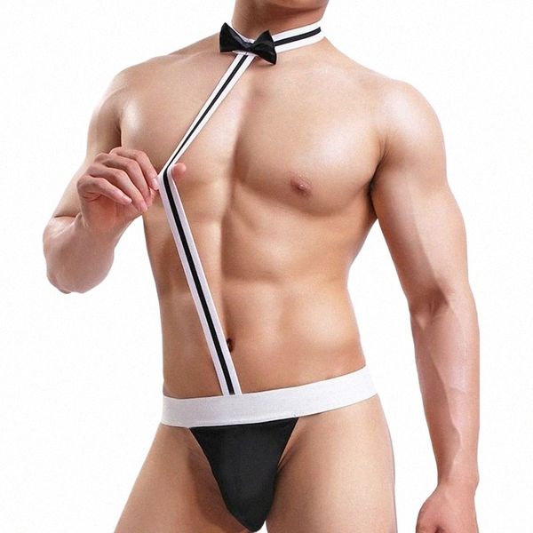 Hot Sexy Masculino Roupa Interior String Homme Lingerie Sexy Bodysuit Bow Tie Roupas de Desempenho k6b8 #