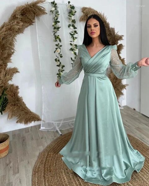 Parti Elbiseleri Glamous Akşam Satin Bir Çizgi Tam Kollu Resmi V Yastık Deniz Kızı Vestidos De Gala