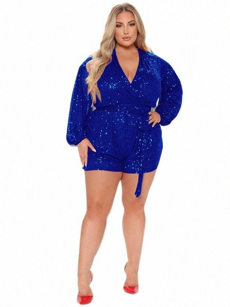 cm.yaya plus size feminino elegante lantejoulas cinto cintura envoltório com decote em v manga lg terno de uma peça sexy festa rua ins macacão playsuit p04t #