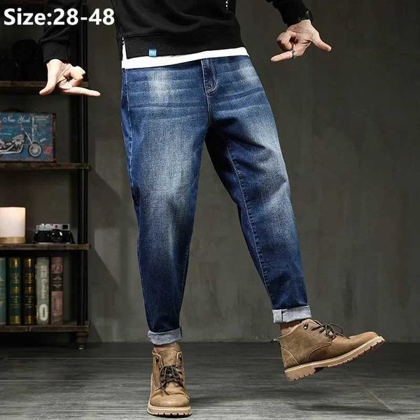 Jeans masculinos Mens jeans preto denim azul lápis solto menino elástico plus size grande 42 44 46 48 calças de cintura alta legal denim calças clássicas J240328