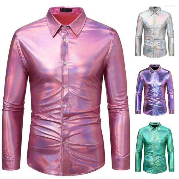 Camisas de vestido masculinas homens disco camisa brilhante lantejoulas douradas lapela manga longa botão para baixo traje de palco de festa