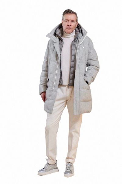 100% tecido de lã de flanela masculino com capuz lg parka para baixo casaco com ganso branco para baixo destacável carcela de dupla camada O7K4 #