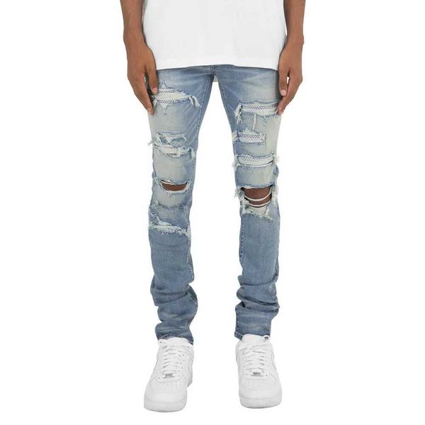 Мужские джинсы Мужские джинсы с кристаллами и потертостями Модные узкие эластичные джинсы High Street J240328
