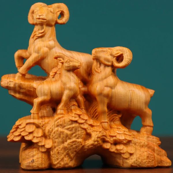 Esculturas de madeira maciça sanyangkaitaauuspicioso bênção estátua animal tradicional mão escultura bonito decoração para casa artesanato presente estátua