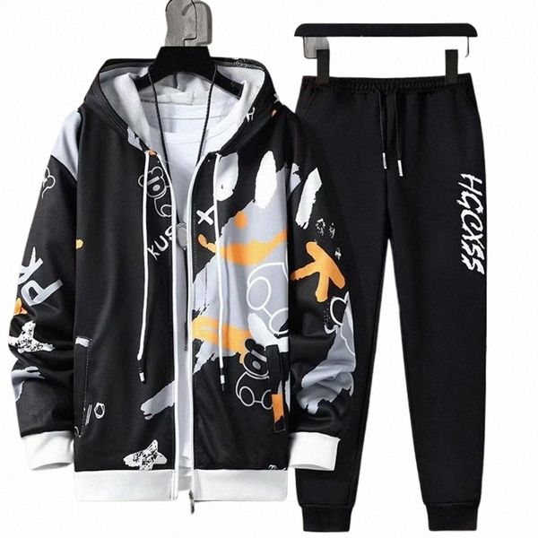 2 pezzi / set uomo cappotto pantaloni tuta con cappuccio stampa lettera coulisse allentato set da jogging Hip Hop caviglia fasciato uomo Sportwear Tuta 46oO #