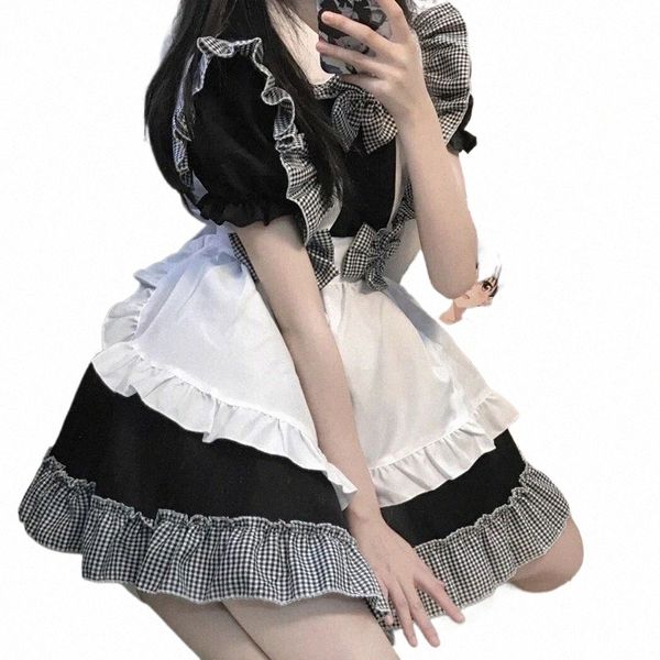 donne cameriera vestito nero plaid cosplay anime uniforme ragazza studentessa lolita dr dolce stile carino arco cafe princ kawaii dres 41Gz #