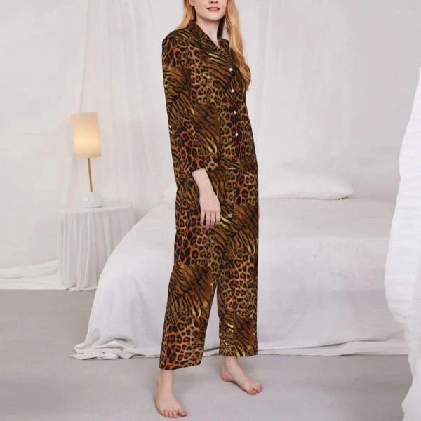 Casa roupas pijamas leopardo pele impressão quarto sleepwear na moda manchado listrado 2 peça casual solto conjunto moda oversize terno