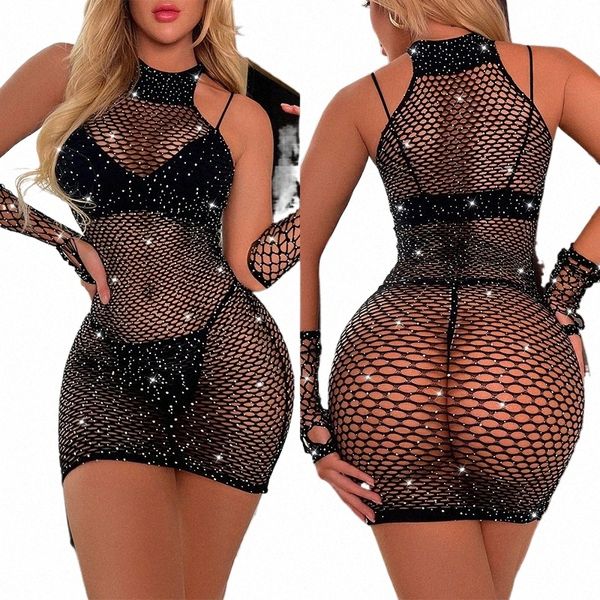 Plus Size Lingerie erotica sexy Bling Rhineste Tuta a rete trasparente Sex Dr Donna Collant a rete Lingerie esotica sexy o1fY #