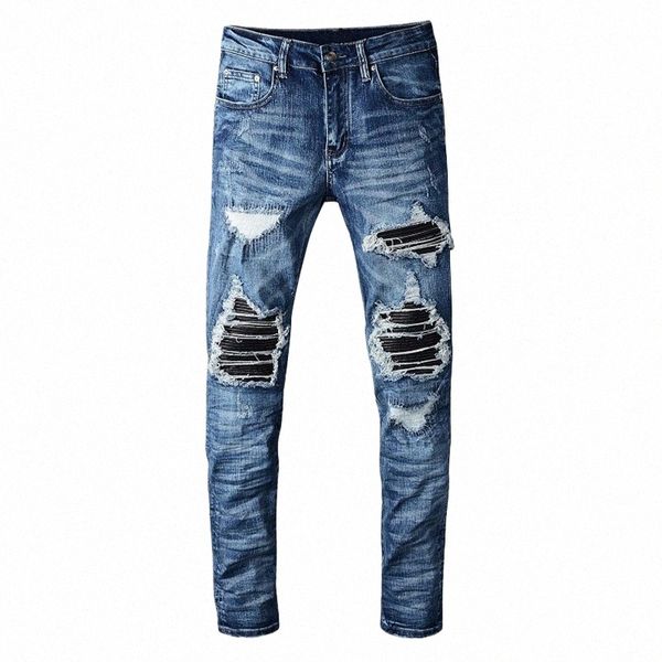 Sokotoo Herren PU-Leder Patchwork zerrissene Biker-Jeans Patch Slim Skinny Stretch Denim-Hosen y3sV #