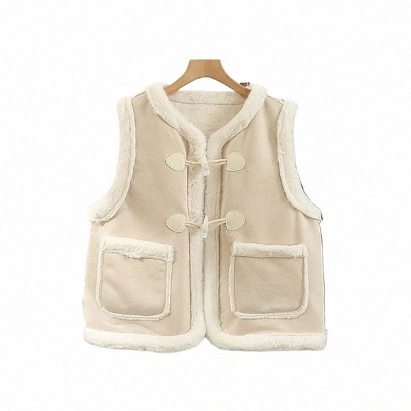 Gagarich Pelliccia Integrata Gilet di Lana di Agnello Giacca Donna Autunno Inverno Pile Addensato Calore Peluche Corno Fibbia Cavallo Clip Top D1ab #