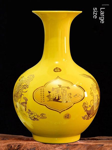 Vasen, gelbe Feng Shui Fortune Jinbao Vase, großes Blumenarrangement, getrocknete Wohnzimmer, TV-Schrank, Eingangsdekoration