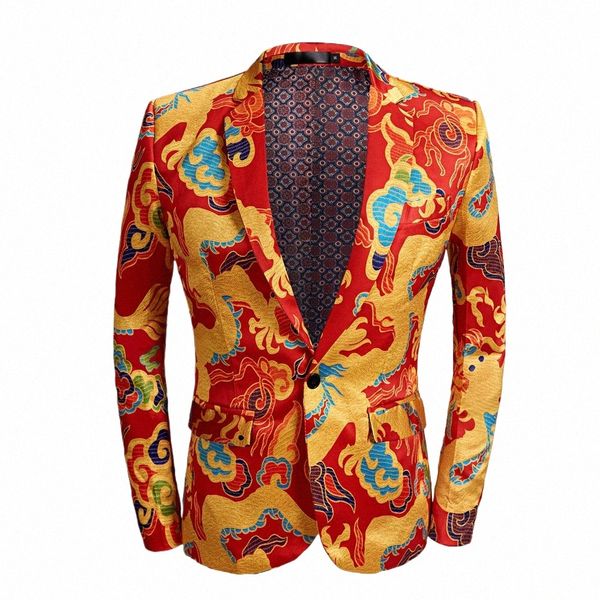 homens Casual Blazer Imprimir Red Drag Pattern Design DJ Club Singer Costume Slim Fit Suit Jacket Brasão r9Dg #