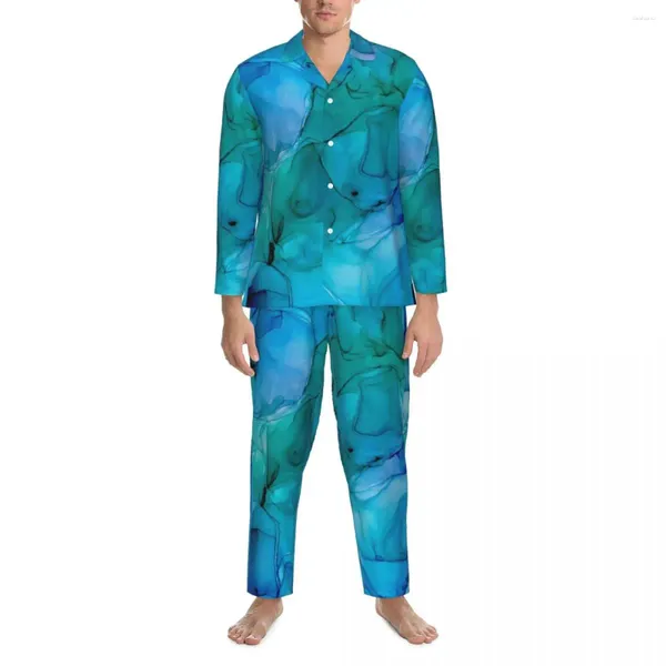 Casa roupas verde líquido impressão pijamas homem abstrato tinta de álcool romântico diário pijamas outono casual solto oversized personalizado conjunto de pijama