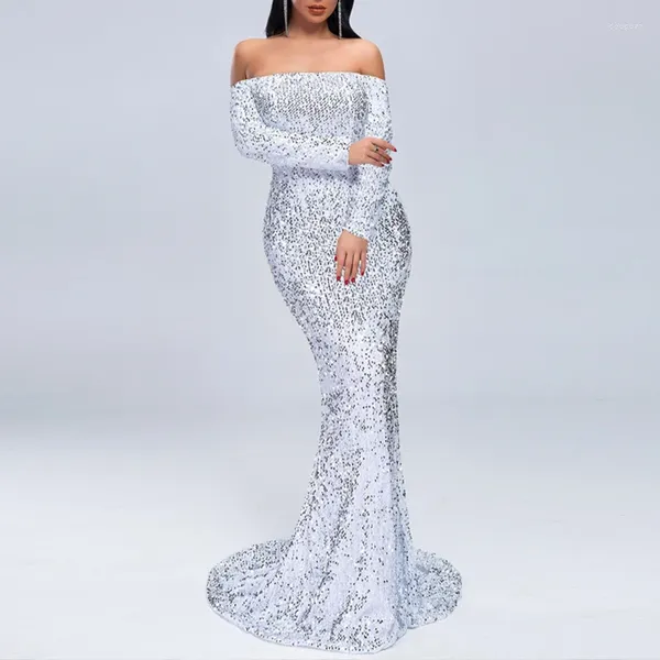 Freizeitkleider OMSJ Luxus Damen Glitzernde Pailletten Party Formelle Anlässe Abend Turmpet Maxikleid Langarm Hochzeit Schulterfreie Kleider