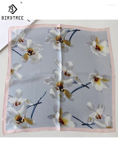 Lenços Birdtree Real Silk Square Scarf Flor Impressão Literária Retro Confortável Presente Macio da Mãe 2024 Primavera A41412QD