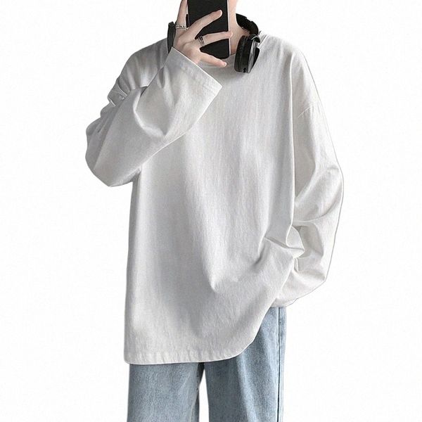 Мужская свободная повседневная белая футболка с рукавами Lg на весну и осень, корейская брендовая блузка Fi, топ, однотонная футболка для мужчин t0oS #