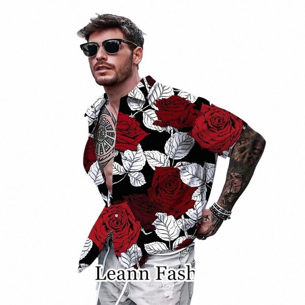 uomo estate hawaiana camicia vacati maschio vintage rose rosse stampa top magliette fi abbigliamento quotidiano casual streetwear 96nf #