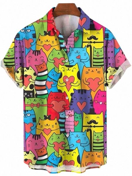 Hawaiian Übergroße Männer Hemd Carto Katze Vogel Muster Blumendruck Soziale Männer Graffiti Kleidung Vintage Harajuku Neue Sommer H8XR #