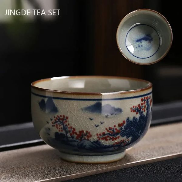 1Pc Retro Tazza da tè in porcellana blu e bianca Fatta a mano Ciotola da tè in ceramica Tazze da meditazione da viaggio Set da tè cinese Accessori 140ml 240315