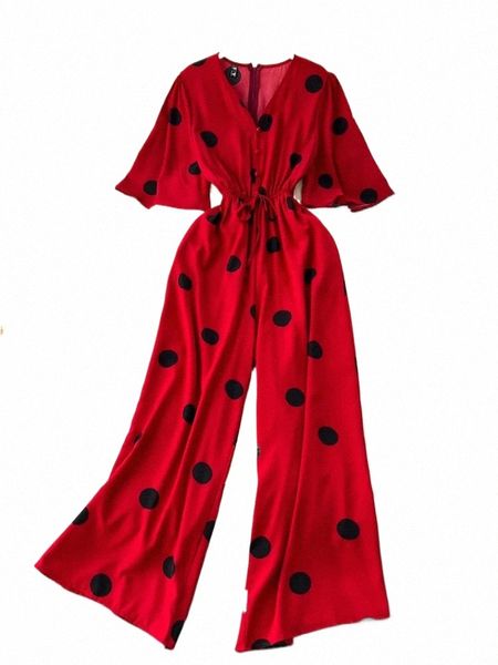 Verão Mulheres Vermelho / Amarelo / Branco / Preto Polka Dot Macacões Feminino Elegante Com Decote Em V Manga Curta Cintura Alta Perna Larga Romper Solto Novo S2zh #