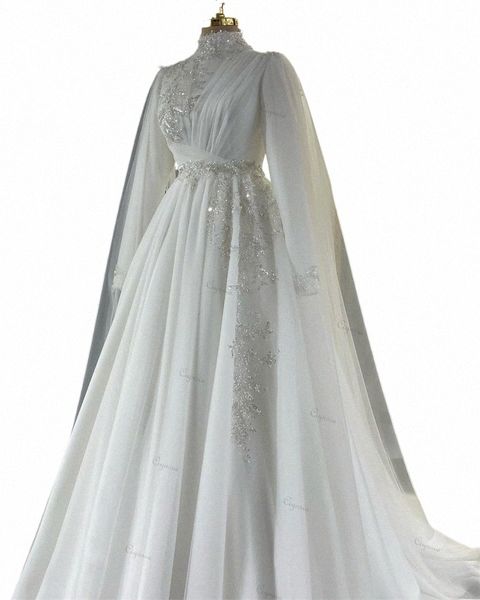 Ciynsia vestido de noiva 2024 Boncuklu narin chiff artı Boyut Tül Tül Cape Müslüman Gelin Elbise Y2HG#