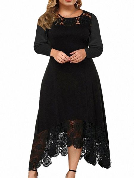 Mulheres LG Manga Lace Dr Elegante e Bonito Preto Oco Out Poliéster Plus Size Barato Casual 2023 Roupas de Noite de Verão U0lJ #