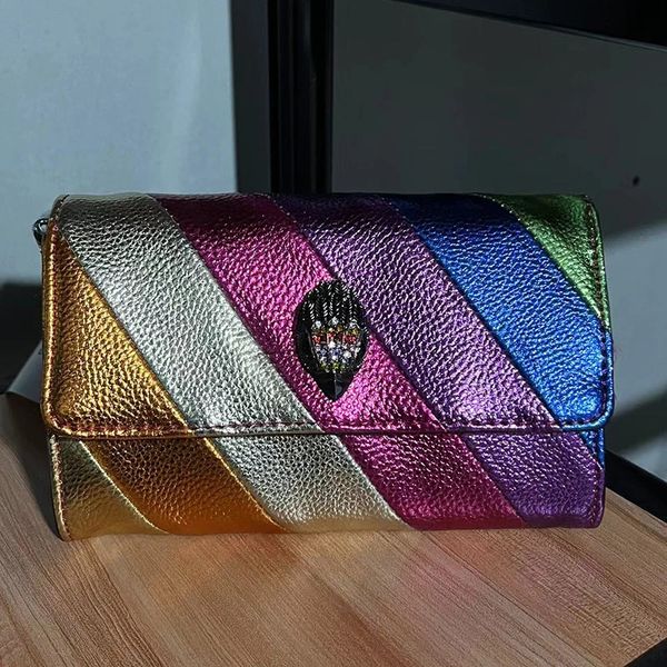 Bolsa de embreagem de luxo Kurt G bolsa de retalhos multi colorida de retalhos elegante e elegante bolsa de junção de cadeia metálica 240329