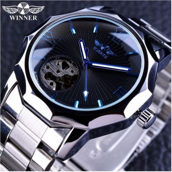 Gewinner Blue Ocean Geometry Design Edelstahl Luxus Kleines Zifferblatt Skeleton Herrenuhren Top-Marke Luxus Automatische Armbanduhr Watch295F