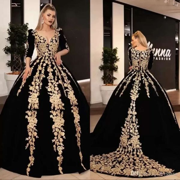 Kleider Wunderschönes Ballkleid mit langen Ärmeln und V-Ausschnitt, arabische Goldspitze, Veet-schwarze Damen-formale Abendkleider BC