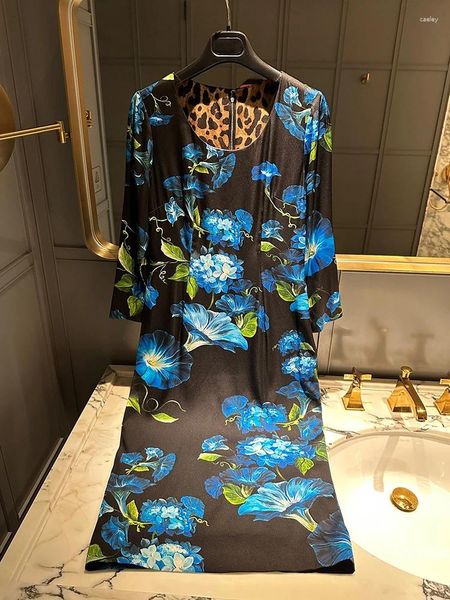 Lässige Kleider Mode Seidenkleid für Frauen Hohe Qualität Morning Glory Print Midi Blume U-Ausschnitt Enge Taille Blumen