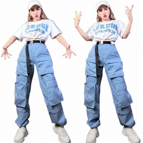 Mulheres Jazz Dance Costume Hip-Hop Dance Wear Feminino Manga Curta Cropped Top Pocket Cargo Pants Stage Performance Roupas SL5380 S3GP #