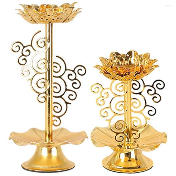 Titulares de vela 2 pcs suporte de flor de lótus Buda suporte dourado tealight castiçal lâmpada de óleo tibetano