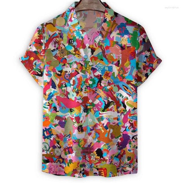 Мужские повседневные рубашки, гавайская рубашка с красочной художественной росписью, мужские летние каникулы с короткими рукавами, свободные футболки, крутая уличная блузка с лацканами на пуговицах, топы