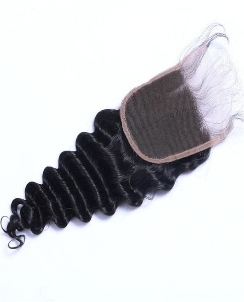 Cabelo humano indiano onda profunda 4x4 fechamento de renda suíça nós descorados meio três partes cabelo virgem encerramento9147527