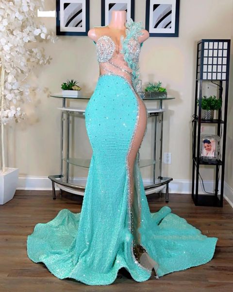 2024 Aso Ebi Sirena Blu cielo Abito da ballo Cristalli con perline Paillettes Serata formale Festa Secondo ricevimento Compleanno Abiti di fidanzamento Abiti Robe De Soiree