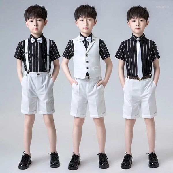 Kleidungssets Jungen Fomal Brautkleider Set Kinder Host Klavier Performance Laufsteg Kostüme Kinder Gestreiftes Hemd Shorts Weste Kleidung