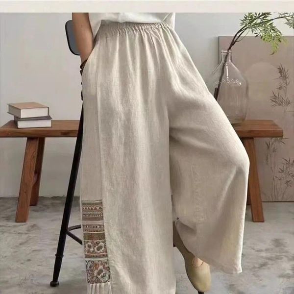 Calças femininas 2024 primavera cor sólida retro cintura alta moda casual fino ajuste solto algodão e colheita perna larga