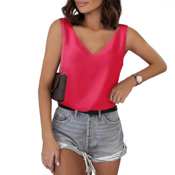 Camisoles tanques tanque para mulher com decote em v seda verão cetim sem mangas blusa básica camisola camisas esportes escuro