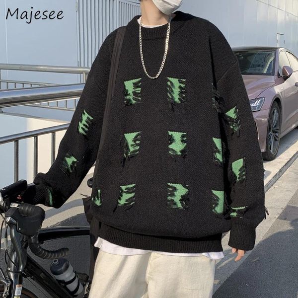 Herrenpullover Pullover Männer Zerrissener Pullover Rundhalsausschnitt Retro-Design Japanischer stilvoller Streetwear-Mode-All-Match-Persönlicher Hipster Cool