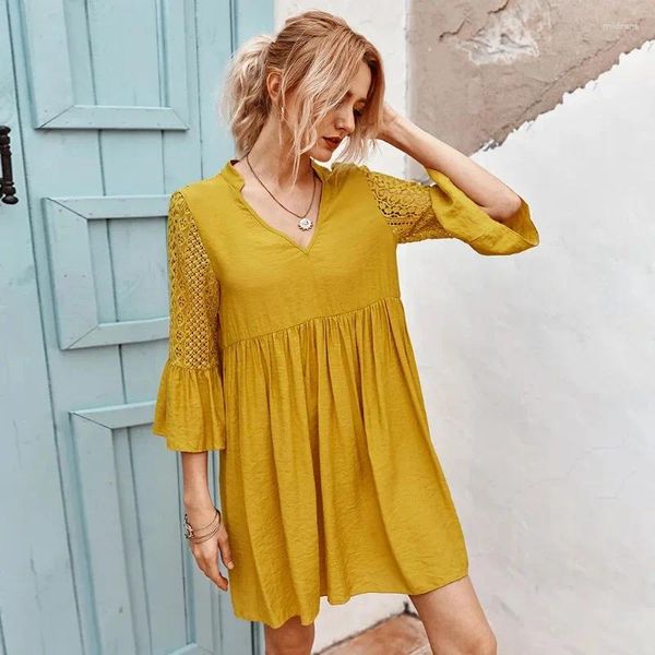 Abiti da festa Donna scava fuori scollo a V manica a farfalla abito estivo patchwork in pizzo tinta unita abbigliamento casual da pendolare abito verde giallo