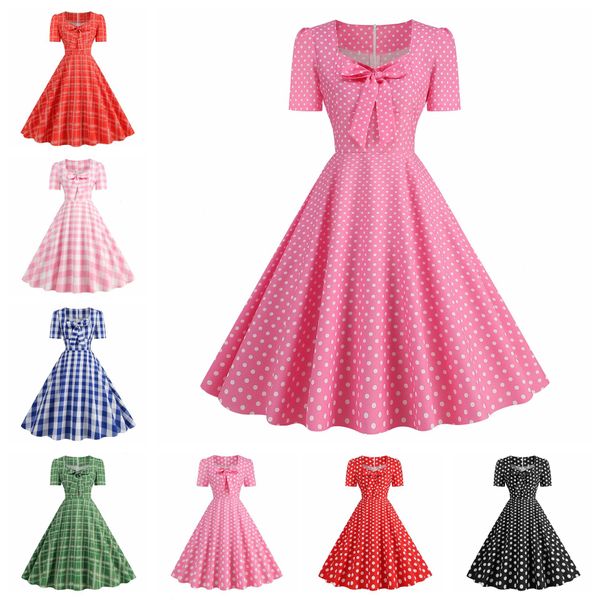 X Damen Retro-Kleid im Hepburn-Stil mit quadratischem Kragen, kurzen Ärmeln, Schleife, Swing und Polka Dots