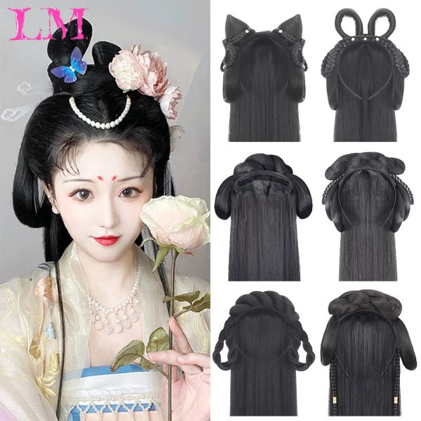 Chignon lm chinês antigo peruca feminina hanfu perucas cocar fotografia acessório de dança perucas preto para mulheres coque de cabelo integrado alta tem