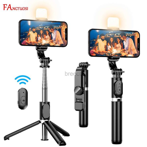 Selfie Monopods Fangtuosi 2024 Novo Sem Fio Selfie Stick Tripé Bluetooth Monopé Dobrável Com Luz Led Obturador Remoto Para iPhone Atacado 24329