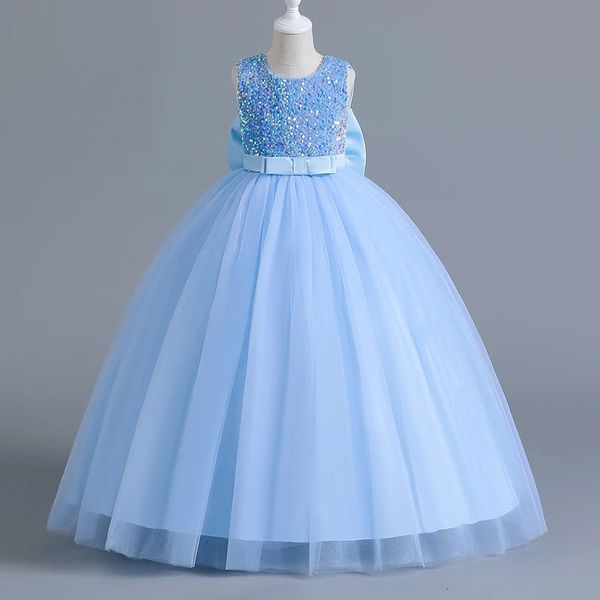 Праздничные платья для девочек 12–14 лет, синее платье с блестками и бантом для гала-выпускного вечера для детей, детский костюм для торжественных мероприятий, одежда принцессы на день рождения 240318