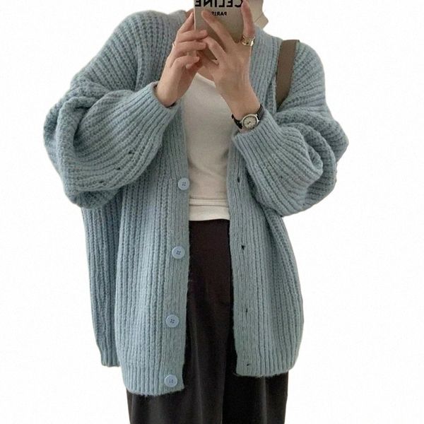 Cardigan de malha robusto para mulheres rosa escuro azul com decote em V Butt Up Cable Knit Sweater Jacket Outono Inverno Coreano Fi Outfit 06Vg #